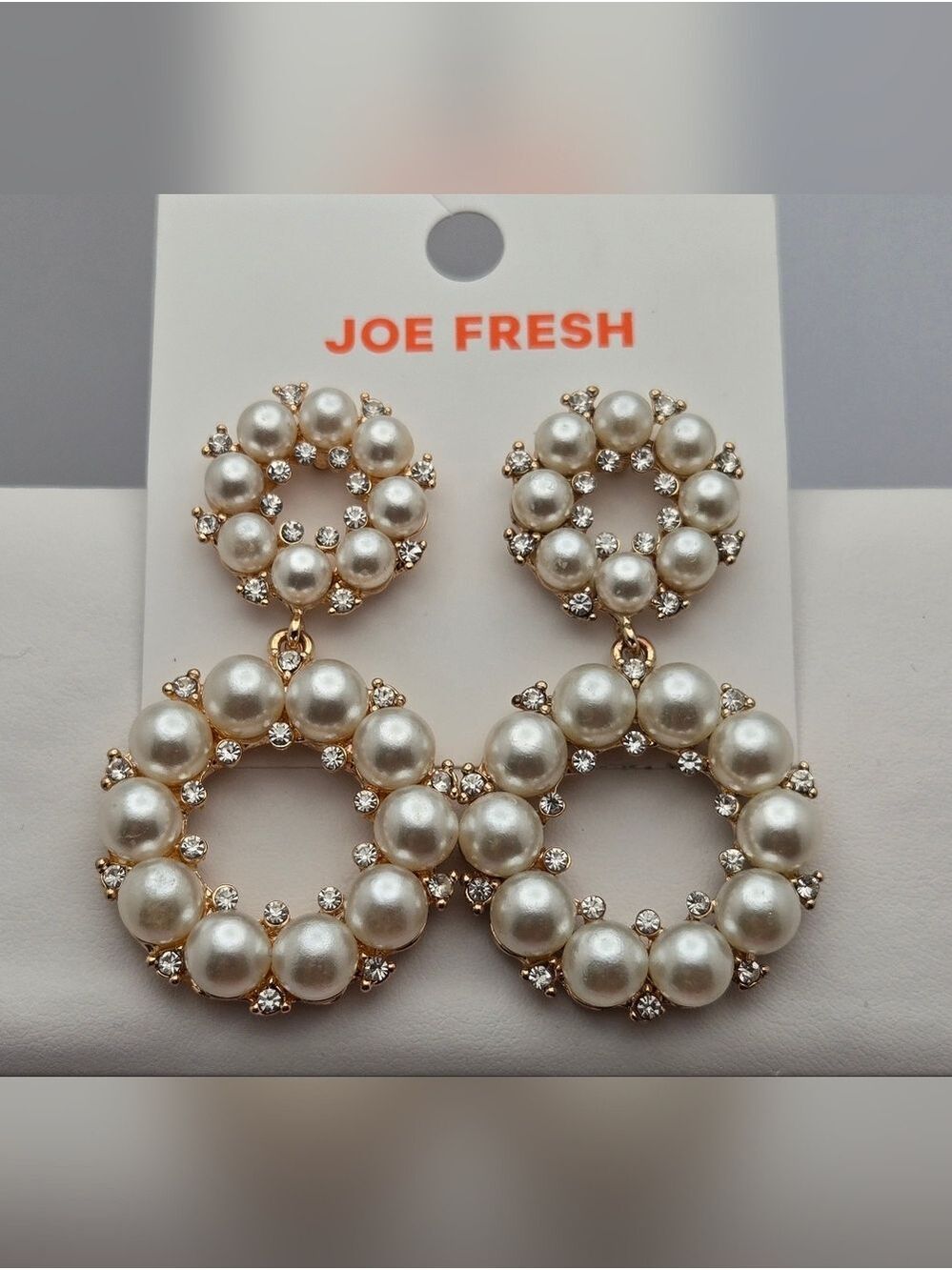 ✨2/$10✨ Double Circle Pearl Rhinestone Earrings Gold Tone 2.75" Bride Joe Fresh - Picture 3 of 7